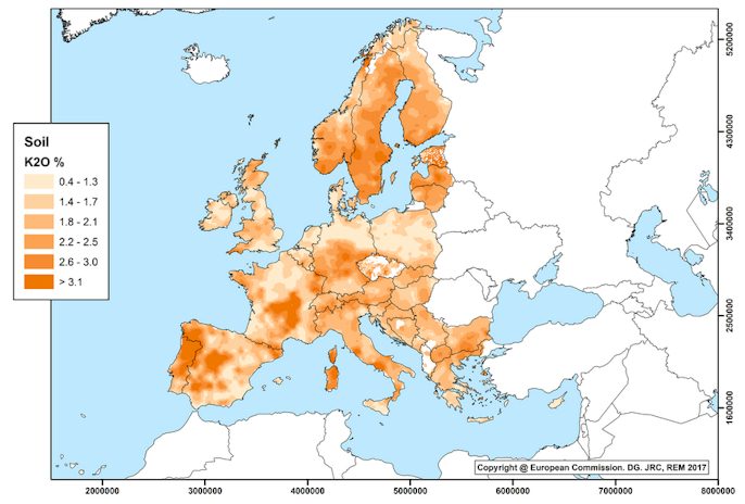 Atlas bzw. Karte der Verteilung der Kaliumkonzentration in den Böden von Europa