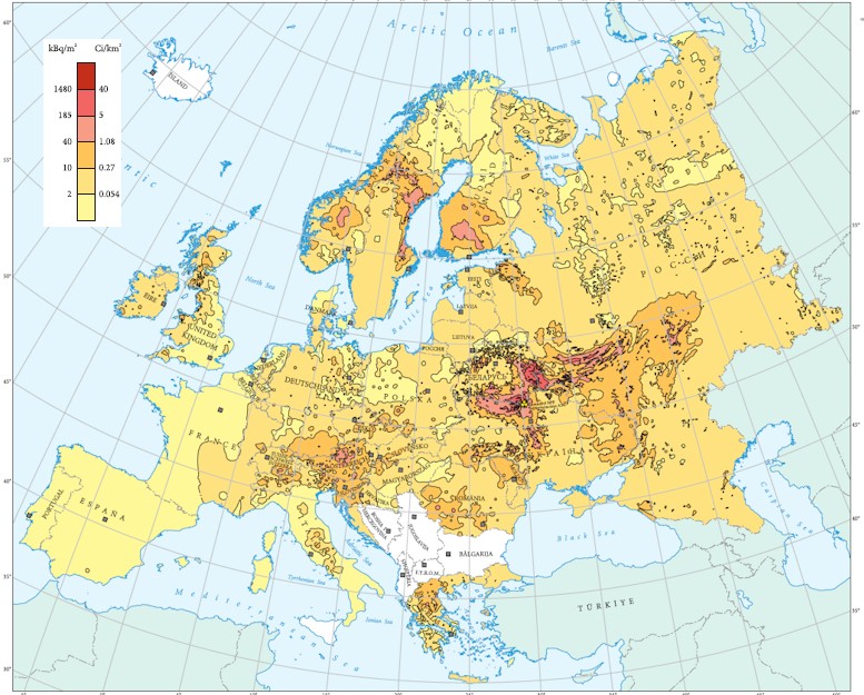 Europa Karte der Cäsium 137 Deposition. Angaben in kBq pro Quadratmeter